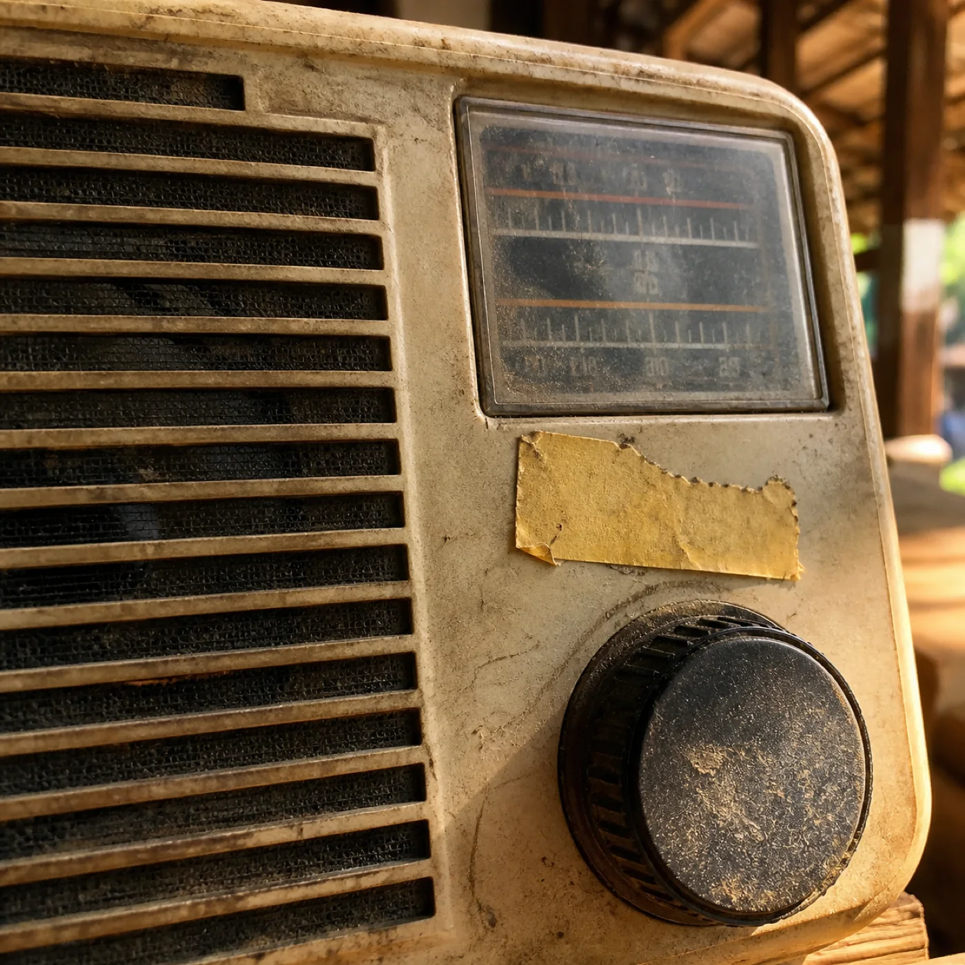 Close view of a dusty old radio speaker and tuning knob