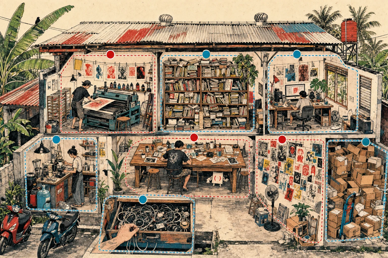 [ILLUSTRATION: chaotic cutaway map of Aduh (lagi) Studio]