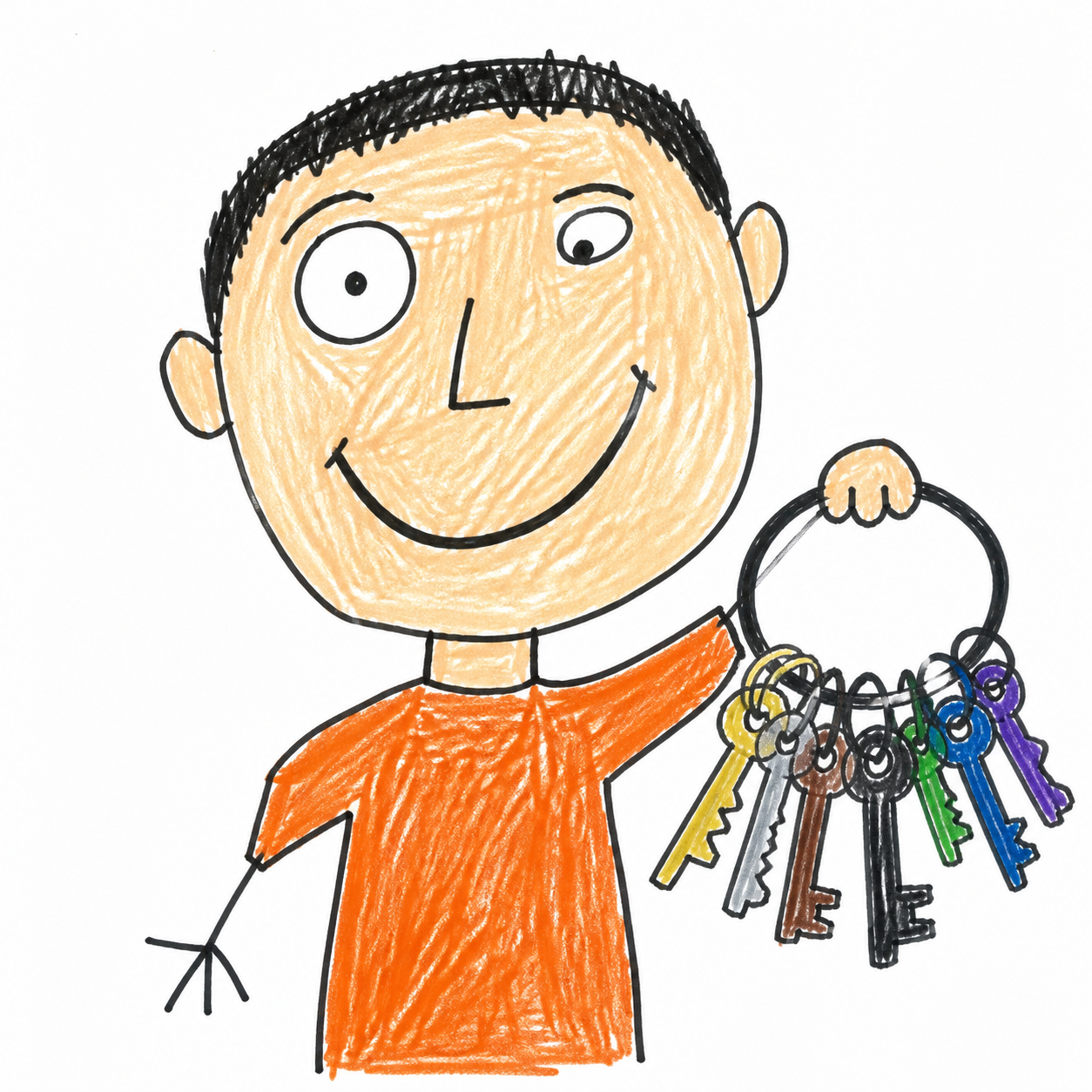 A childlike crayon portrait of Jack holding keys